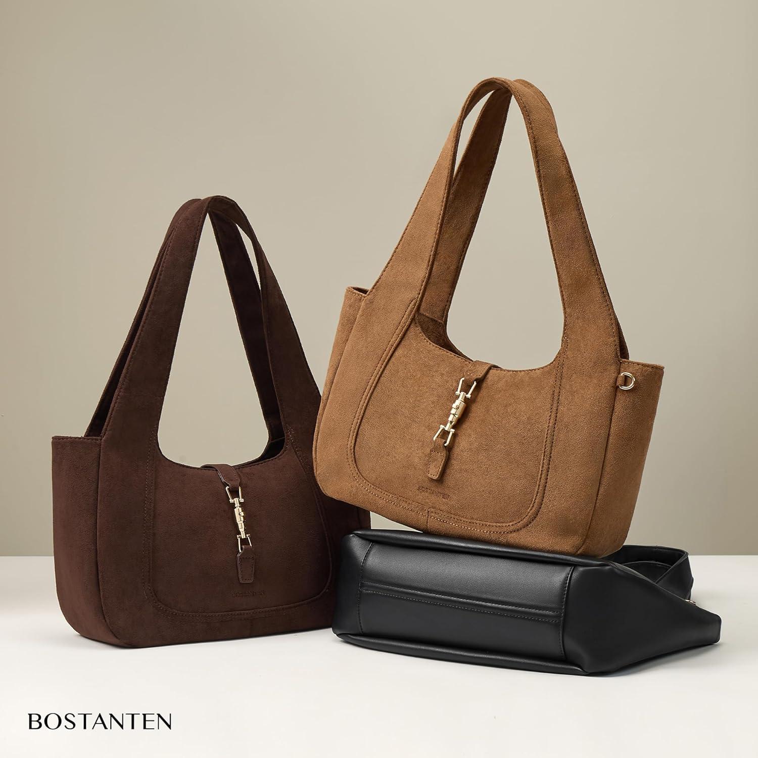 image:imageBOSTANTEN Vintage Shoulder Bag for Women Suede Leather Tote Bag Ladies Lightweight Dumpling Handbag for Work Date TravelSuede Coffee