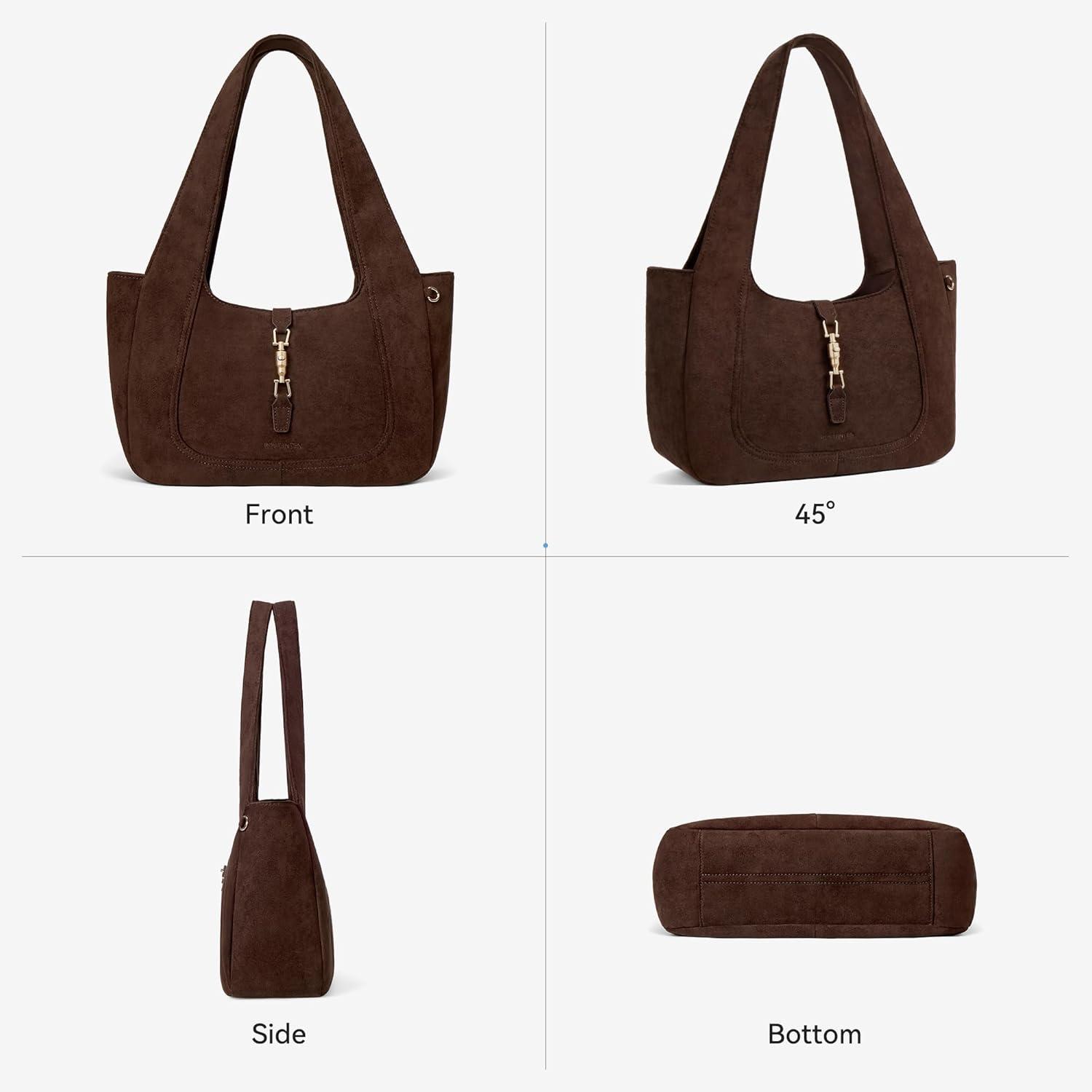 image:imageBOSTANTEN Vintage Shoulder Bag for Women Suede Leather Tote Bag Ladies Lightweight Dumpling Handbag for Work Date TravelSuede Coffee