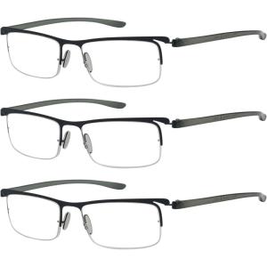 imageEyekepper 3 Pairs Halfrim Reading Glasses for Men Metal Readers Silver Frame 175Black