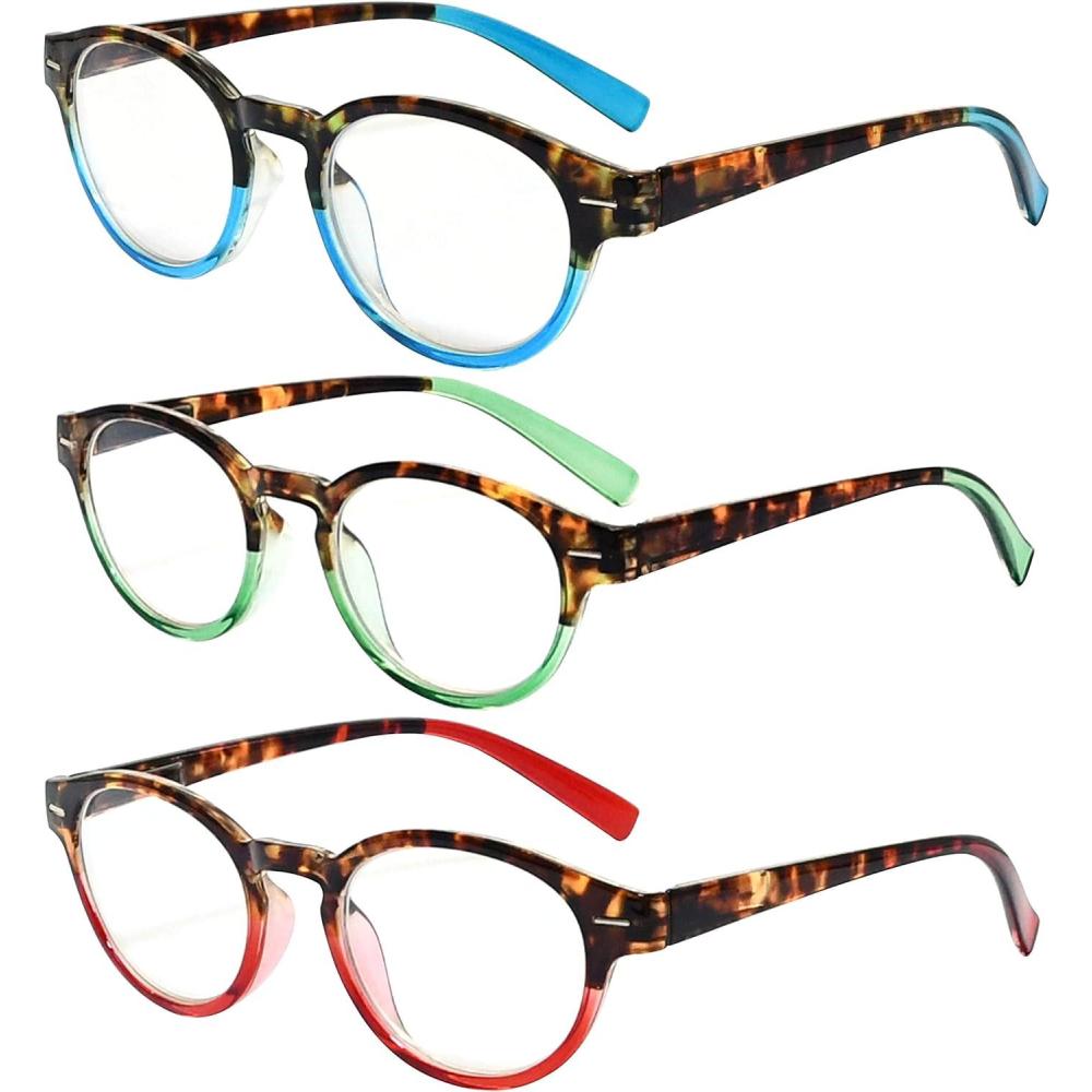 imageEyekepper 3 Pack Round Computer Reading Glasses Oval Stylish Blue Light Blocking Readers for Women with Amber Tinted 0503 Pairs Mix