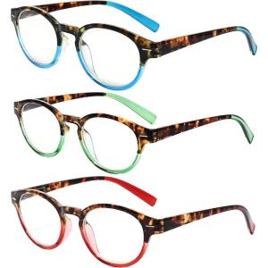 imageEyekepper 3 Pack Round Computer Reading Glasses Oval Stylish Blue Light Blocking Readers for Women with Amber Tinted 0503 Pairs Mix