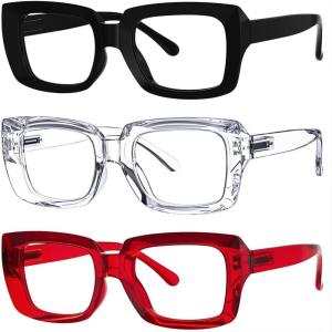 image:imageEyekepper 4 Pack Reading Glasses Blue Light Blocking Oversized Square Computer Readers 050BlackTransparentRed