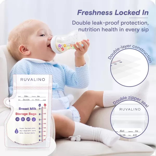 Breast Milk Storage Bags Freezer - RUVALINO® 6oz 60 Count Temp-Sensing Breastmilk Storage Bag for Breastfeeding with Pour Spout, Presterilized, No-Leak, Doubled-Sealed Bag for Fridge and Freezing