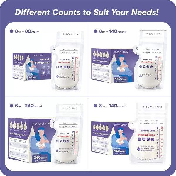 Breast Milk Storage Bags Freezer - RUVALINO® 6oz 60 Count Temp-Sensing Breastmilk Storage Bag for Breastfeeding with Pour Spout, Presterilized, No-Leak, Doubled-Sealed Bag for Fridge and Freezing