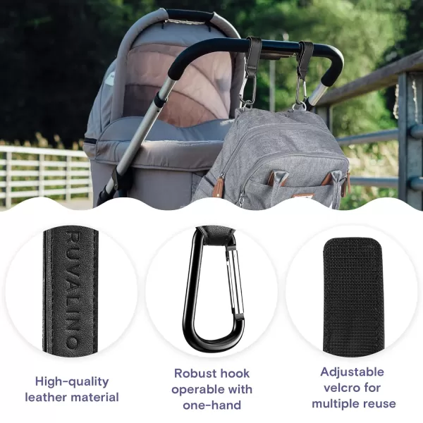 Leather Stroller Hooks for Diaper Bag and Stroller Organizer - RUVALINO® Stroller Strap with Large Carabiner Clip for Shopping Bags - Accessories for Wheelchair, Shopping and Pet Carts, Brown, 2 Pack