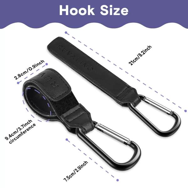 Leather Stroller Hooks for Diaper Bag and Stroller Organizer - RUVALINO® Stroller Strap with Large Carabiner Clip for Shopping Bags - Accessories for Wheelchair, Shopping and Pet Carts, Brown, 2 Pack