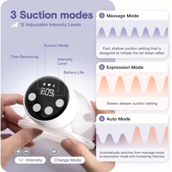 Wearable Breast Pump, RUVALINO S12A Portable Electric Breast Pump Hands Free with 3 Modes &amp; 12 Levels, Smart Display, 24mm Comfortable Flange, Breastfeeding Essentials Baby Registry 