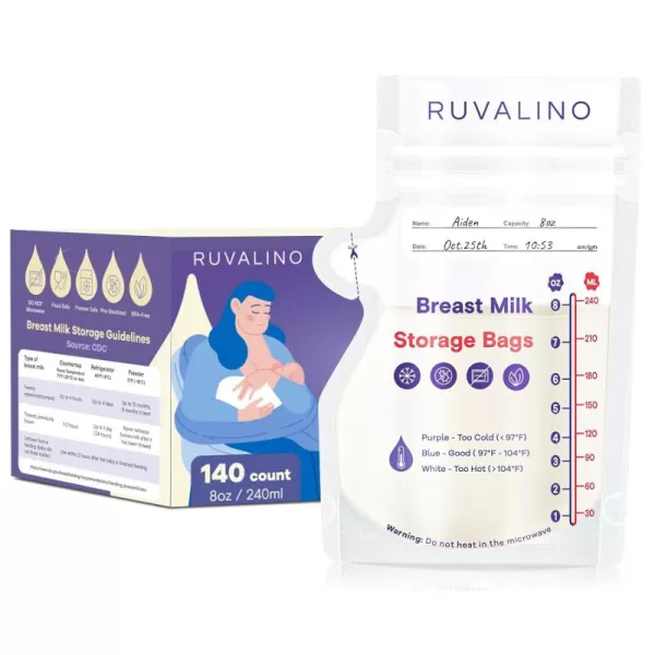 Breast Milk Storage Bags Freezer - RUVALINO® 6oz 60 Count Temp-Sensing Breastmilk Storage Bag for Breastfeeding with Pour Spout, Presterilized, No-Leak, Doubled-Sealed Bag for Fridge and Freezing