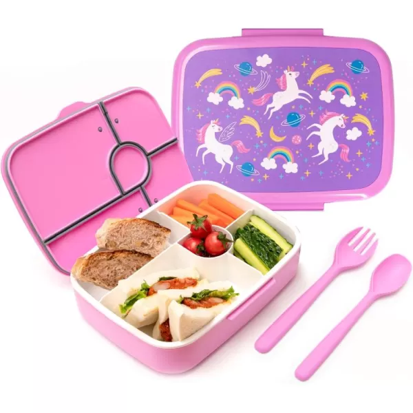 RUVALINO Bento Lunch Box for Kids, 5-Compartment Bento-Style Kids Lunch Box with Utensils, Leak-Proof, Dishwasher Safe, Pre-School Kid Daycare Lunches Snack Container for Ages 5 and up, Unicorn