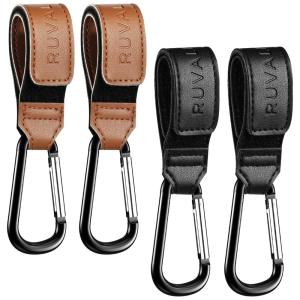 imageRUVALINO Leather Stroller Hooks for Diaper Bag and Stroller Organizer  Stroller Strap with Large Carabiner Clip for Bags  Accessories for Wheelchair Shopping and Pet Cart Black and Brown 4 PackLeatherBrownBlack