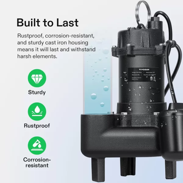 VIVOSUN 1 HP Submersible Sewage/Effluent Pump, 5220 GPH, Cast Iron Sump Pump with Automatic Adjustable Float Switch &amp; 2'' NPT discharge, Perfect for Sewage System, Septic Tank, Basement
