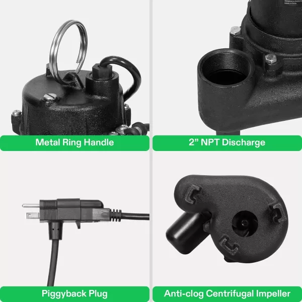 VIVOSUN 1 HP Submersible Sewage/Effluent Pump, 5220 GPH, Cast Iron Sump Pump with Automatic Adjustable Float Switch &amp; 2'' NPT discharge, Perfect for Sewage System, Septic Tank, Basement