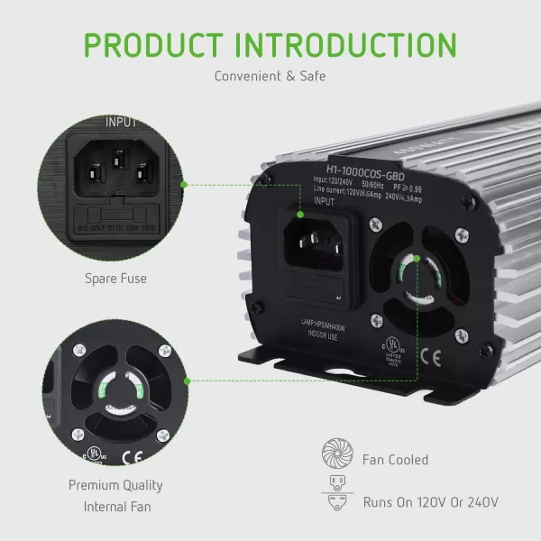 VIVOSUN 1000 watt Dimmable Digital Ballast for HPS MH Grow Light, UL Listed &amp; Soft Start Program