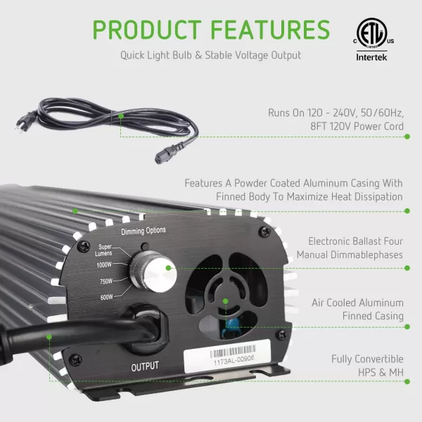 VIVOSUN 1000 watt Dimmable Digital Ballast for HPS MH Grow Light, UL Listed &amp; Soft Start Program