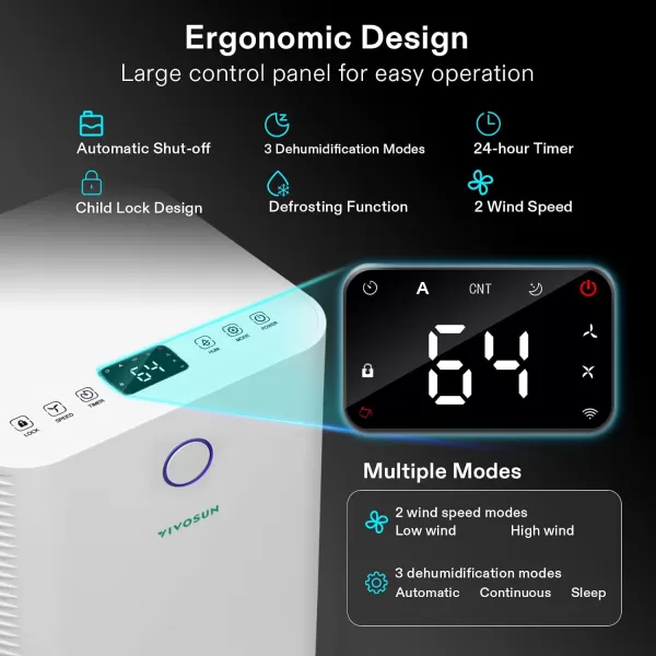 VIVOSUN 10L/23 Pint 2,000 Sq. Ft. Dehumidifier, Ultra-Quiet Auto Defrost Dehumidifier Equipped with Smart WIFI App, Color Digital Display, 24-hour Timer for Home, Basement, Bedroom