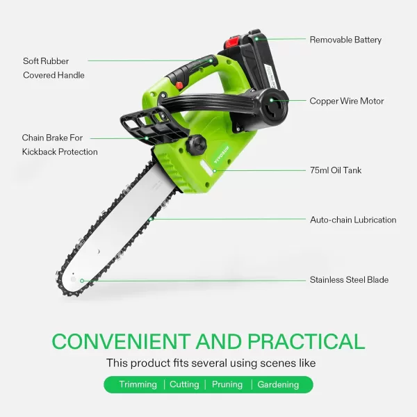 VIVOSUN 10" Cordless Chainsaw with 2Pcs 20V Rechargeable 2000mAh Batteries and Fast Charger, Security Lock, Automatic Oiler, Lightweight mini chainsaw for Women, Powered Electric Chainsaw for Trimming