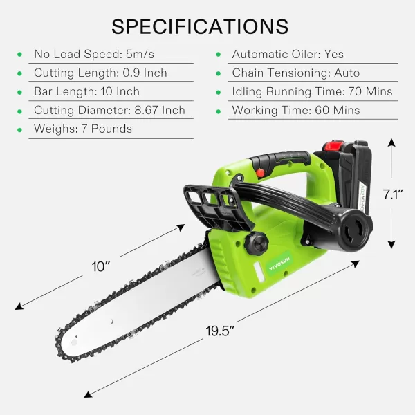 VIVOSUN 10" Cordless Chainsaw with 2Pcs 20V Rechargeable 2000mAh Batteries and Fast Charger, Security Lock, Automatic Oiler, Lightweight mini chainsaw for Women, Powered Electric Chainsaw for Trimming