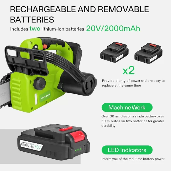 VIVOSUN 10" Cordless Chainsaw with 2Pcs 20V Rechargeable 2000mAh Batteries and Fast Charger, Security Lock, Automatic Oiler, Lightweight mini chainsaw for Women, Powered Electric Chainsaw for Trimming