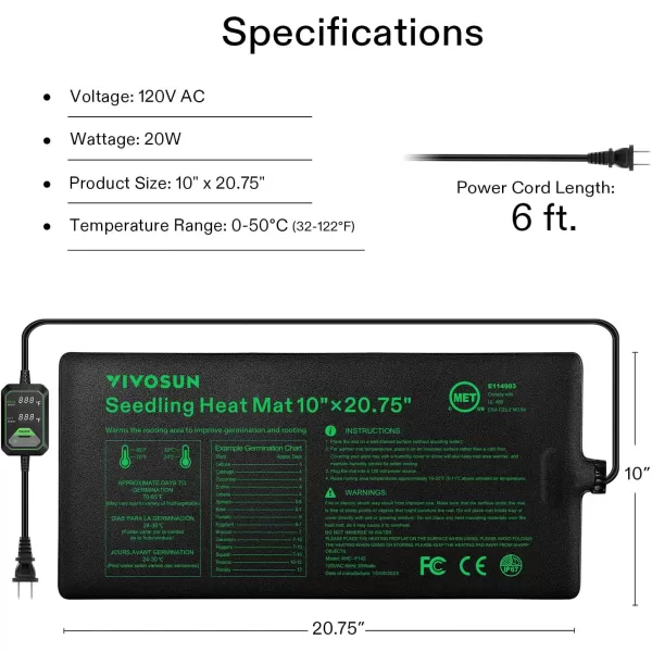 VIVOSUN 10"x20.75" Seedling Heat Mat with Built-in Temperature Controller, UL &amp; MET-Certified Waterproof Plant Heating Pad for Germination, Hydroponics, Brewing, Breeding, and Greenhouses