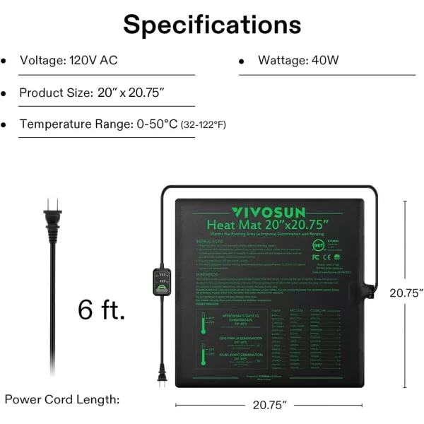 VIVOSUN 10"x20.75" Seedling Heat Mat with Built-in Temperature Controller, UL &amp; MET-Certified Waterproof Plant Heating Pad for Germination, Hydroponics, Brewing, Breeding, and Greenhouses