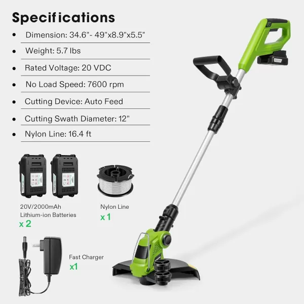 VIVOSUN 12” Cordless String Trimmer and Edger, 20V 2.0Ah Weed Eater, 2-Speed Control with Adjustable Head, Pole &amp; Handle, Spool, Lightweight &amp; Compact Trimmer, Battery and Fast Charger Included