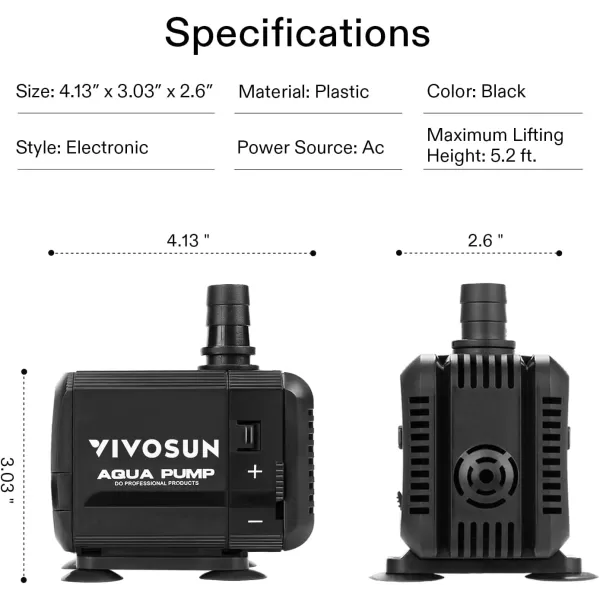 VIVOSUN 130GPH Submersible Pump, Ultra Quiet Water Pump with 2.6ft High Lift, Fountain Pump with 5ft Power Cord, 2 Nozzles for Fish Tank, Pond, Aquarium, Statuary, Hydroponics