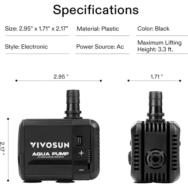 VIVOSUN 130GPH Submersible Pump, Ultra Quiet Water Pump with 2.6ft High Lift, Fountain Pump with 5ft Power Cord, 2 Nozzles for Fish Tank, Pond, Aquarium, Statuary, Hydroponics