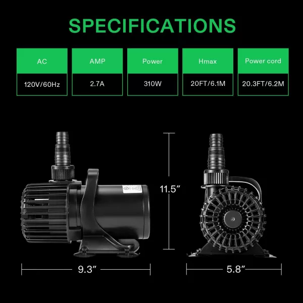 VIVOSUN 1600 GPH Submersible Water Pump, 100W Pond Pump, Ultra Quiet Aquarium Pump with 14FT. Lift Height for Pond, Waterfall, Fish Tank, Statuary, Hydroponic