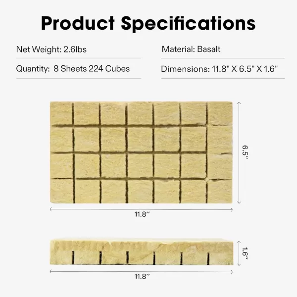 VIVOSUN 1" Rockwool Cubes, 200 Plugs Stonewool Starter Grow Cubes for Cuttings, Cloning, Plant Propagation, Seed Starting, Hydroponic Grow Media for Vigorous Plant Growth, 4 Sheets of 200 Plugs