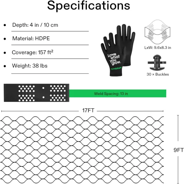 VIVOSUN 2’’ Depth Ground Grid, 9x17 ft, High-Density HDPE Geo Cell, 1885 lbs per sq ft Load, Foldable &amp; Tensile, Easy Installation with Gloves, Perfect for Gardens, Driveways, Pathways, Slopes