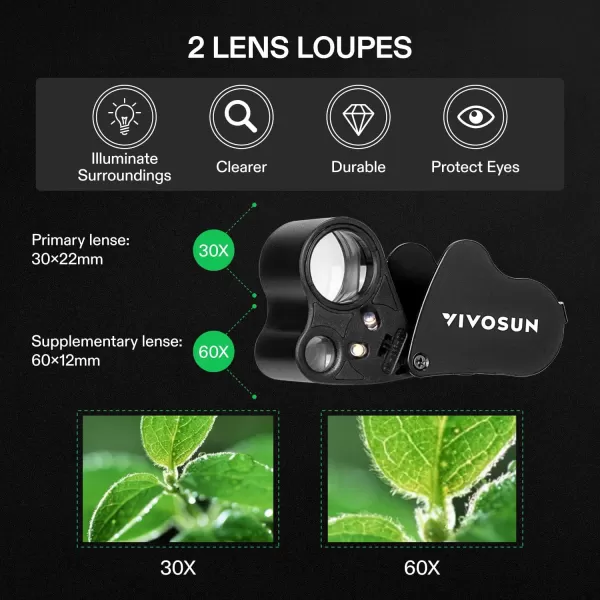 VIVOSUN 2-Pack 30X 60X Illuminated Jewelers Loupe Foldable Magnifier with LED Light for Jewelry Gems Watches Coins Stamps Antiques Black