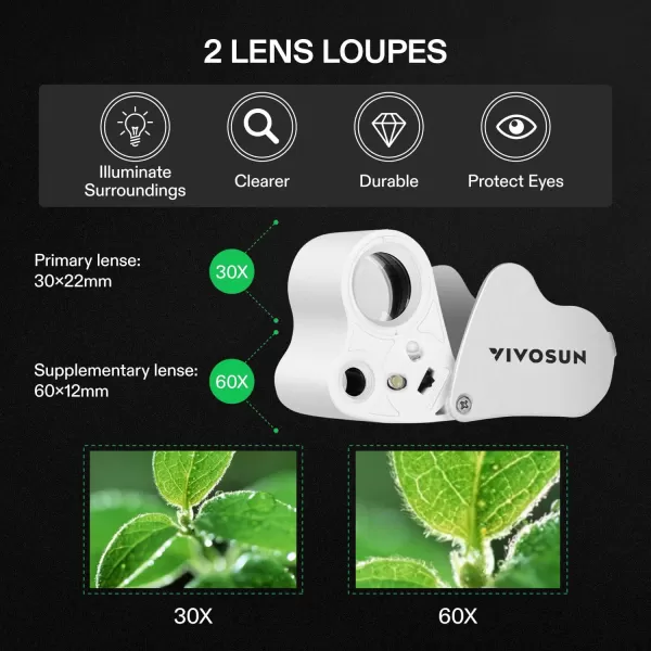 VIVOSUN 2-Pack 30X 60X Illuminated Jewelers Loupe Foldable Magnifier with LED Light for Jewelry Gems Watches Coins Stamps Antiques Black