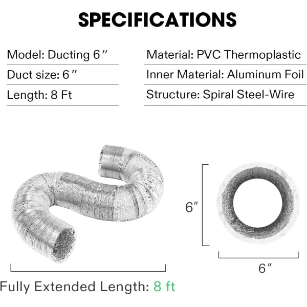 VIVOSUN 2-Pack 6 Inch 8 Feet Non-Insulated Flex Air Aluminum Ducting Dryer Vent Hose for HVAC Ventilation, 4 Clamps Included