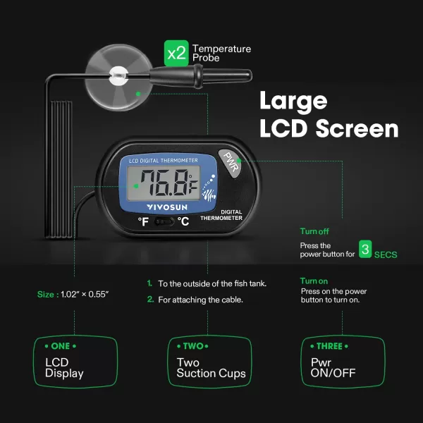 VIVOSUN 2-Pack LCD Digital Aquarium Thermometer Fish Tank Water Terrarium Temperature with Suction Cup for Turtle