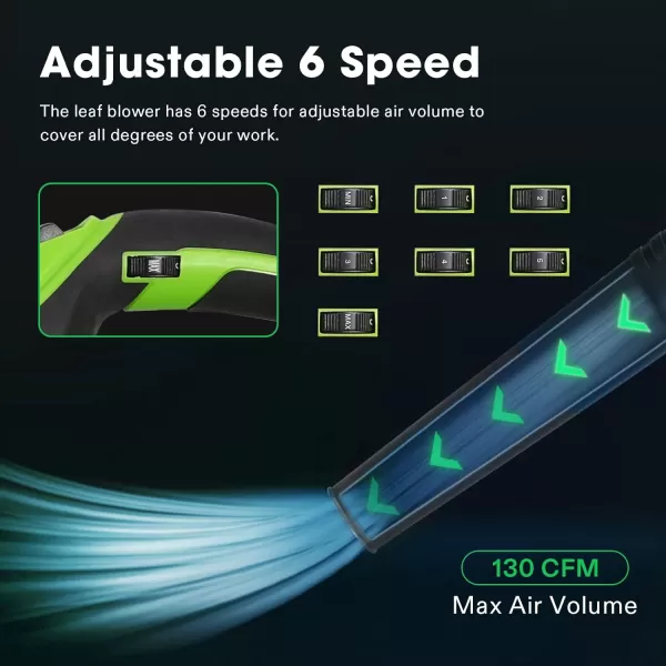 VIVOSUN 20V 2.0Ah Cordless Leaf Blower, 130CFM 6 Speed Mode, 2Pcs Batteries and Fast Charger Included, Lightweight Electric Blower for Patio, Yard, Sidewalk, Snow