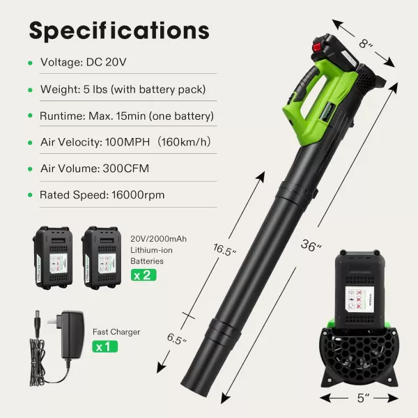 VIVOSUN 20V 2.0Ah Cordless Leaf Blower, 130CFM 6 Speed Mode, 2Pcs Batteries and Fast Charger Included, Lightweight Electric Blower for Patio, Yard, Sidewalk, Snow