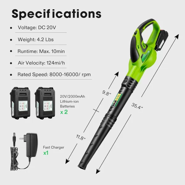 VIVOSUN 20V 2.0Ah Cordless Leaf Blower, 130CFM 6 Speed Mode, 2Pcs Batteries and Fast Charger Included, Lightweight Electric Blower for Patio, Yard, Sidewalk, Snow