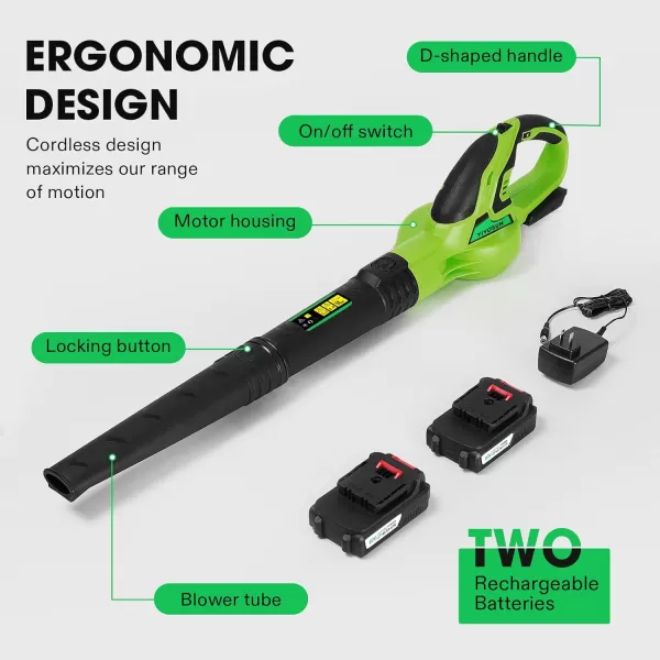 VIVOSUN 20V 2.0Ah Cordless Leaf Blower, 130CFM 6 Speed Mode, 2Pcs Batteries and Fast Charger Included, Lightweight Electric Blower for Patio, Yard, Sidewalk, Snow