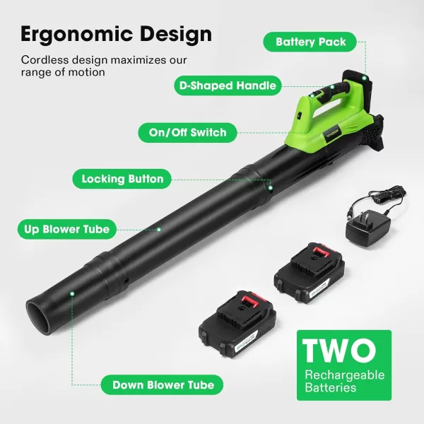 VIVOSUN 20V 2.0Ah Cordless Leaf Blower, 130CFM 6 Speed Mode, 2Pcs Batteries and Fast Charger Included, Lightweight Electric Blower for Patio, Yard, Sidewalk, Snow