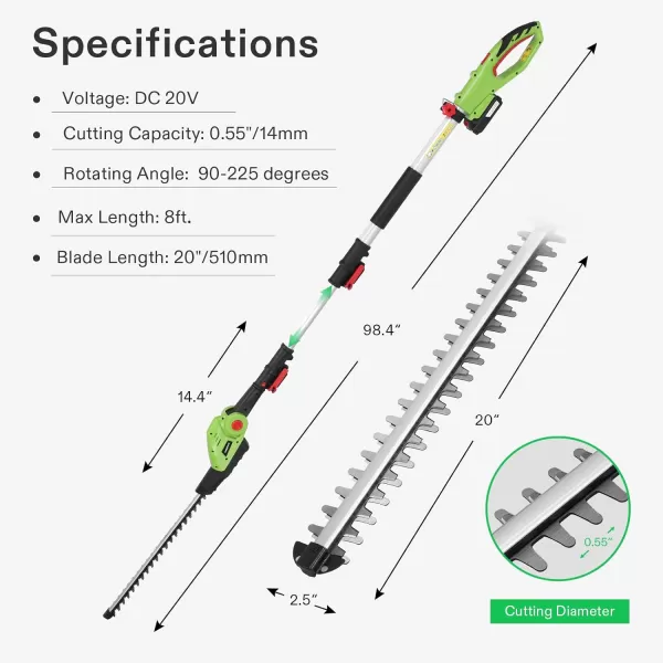 VIVOSUN 20" Cordless Hedge Trimmer, 20V Electric Bush Trimmer, 1400 RPM Shrub Trimmer, Dual-Action Laser Blade, 3/5" Cutting Capacity, Lightweight &amp; Compact, 2Pcs Batteries and Fast Charger Included