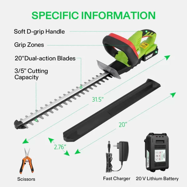 VIVOSUN 20" Cordless Hedge Trimmer, 20V Electric Bush Trimmer, 1400 RPM Shrub Trimmer, Dual-Action Laser Blade, 3/5" Cutting Capacity, Lightweight &amp; Compact, 2Pcs Batteries and Fast Charger Included