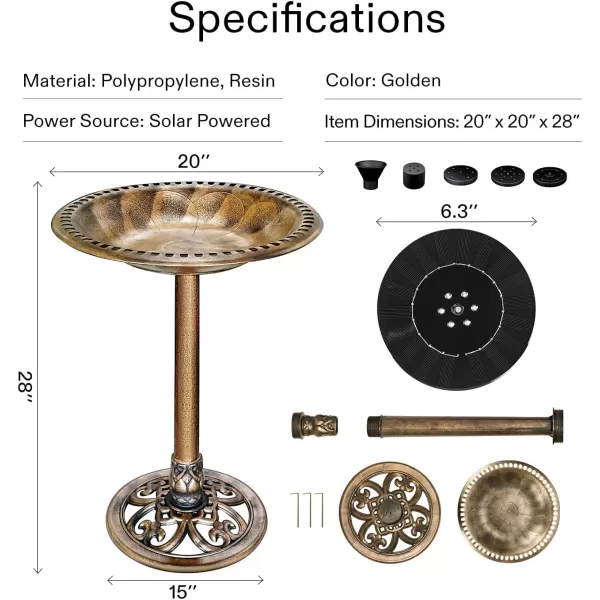 VIVOSUN 28” Solar Bird Bath, Solar Powered Pond Fountain Combo Set for Outdoors, Gardens, Patio, Yard, Deck, Golden