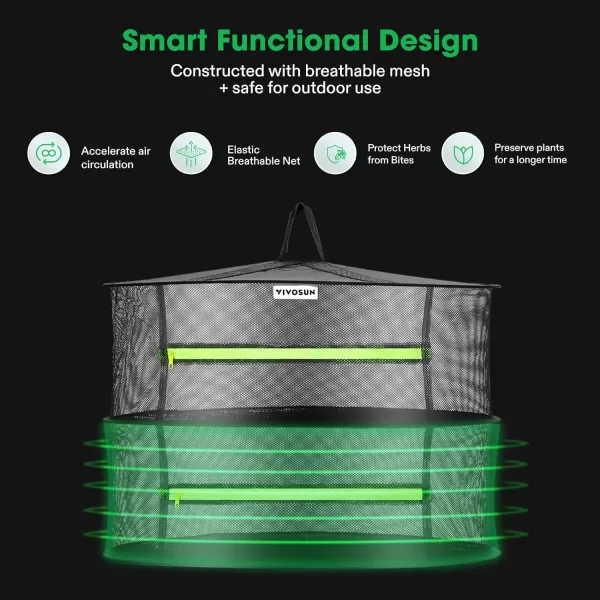 VIVOSUN 3-Layer Mesh Drying Rack Hanging Design with Green Zippers for Dehydrating, Indoor and Outdoor Pruning Shears Included