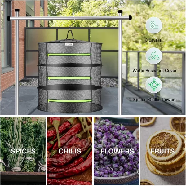 VIVOSUN 3-Layer Mesh Drying Rack Hanging Design with Green Zippers for Dehydrating, Indoor and Outdoor Pruning Shears Included