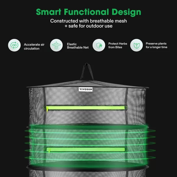 VIVOSUN 3-Layer Mesh Drying Rack Hanging Design with Green Zippers for Dehydrating, Indoor and Outdoor Pruning Shears Included