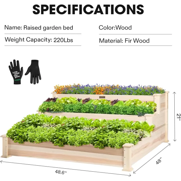 VIVOSUN 3-Tier Wooden Raised Garden Bed, 48 x 48 x 21 Inches, Outdoor Wood Planter Kit for Plants, Herbs, and Vegetables for Garden, Patio, Balcony, Backyard and Outdoors