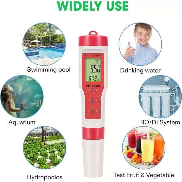 VIVOSUN 3-in-1 Digital pH Meter with ATC, ±0.1 pH Accuracy Water Quality Tester, 0-14.0 pH Measurement Range for Hydroponics, Household Drinking, Pool and Aquarium