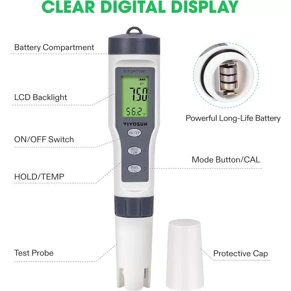 VIVOSUN 3-in-1 Digital pH Meter with ATC, ±0.1 pH Accuracy Water Quality Tester, 0-14.0 pH Measurement Range for Hydroponics, Household Drinking, Pool and Aquarium