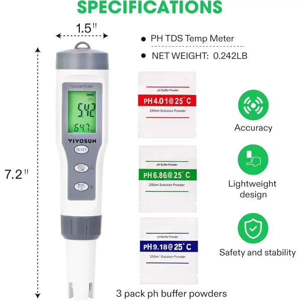 VIVOSUN 3-in-1 Digital pH Meter with ATC, ±0.1 pH Accuracy Water Quality Tester, 0-14.0 pH Measurement Range for Hydroponics, Household Drinking, Pool and Aquarium