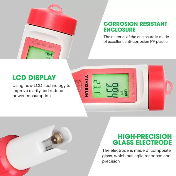 VIVOSUN 3-in-1 Digital pH Meter with ATC, ±0.1 pH Accuracy Water Quality Tester, 0-14.0 pH Measurement Range for Hydroponics, Household Drinking, Pool and Aquarium